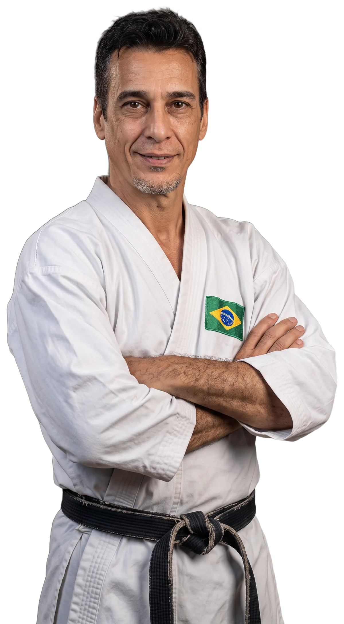 Retrato de Jayme Sandall de braços cruzados, de quimono e faixa preta