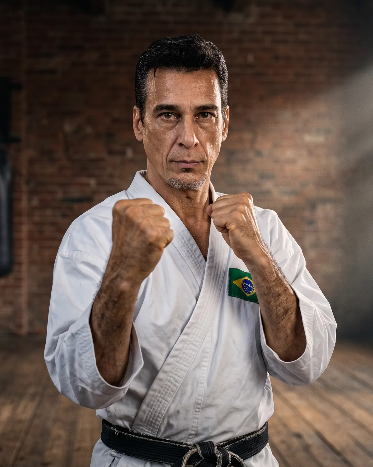 Retrato de Jayme Sandall em guarda, de quimono, num salão de treino antigo
