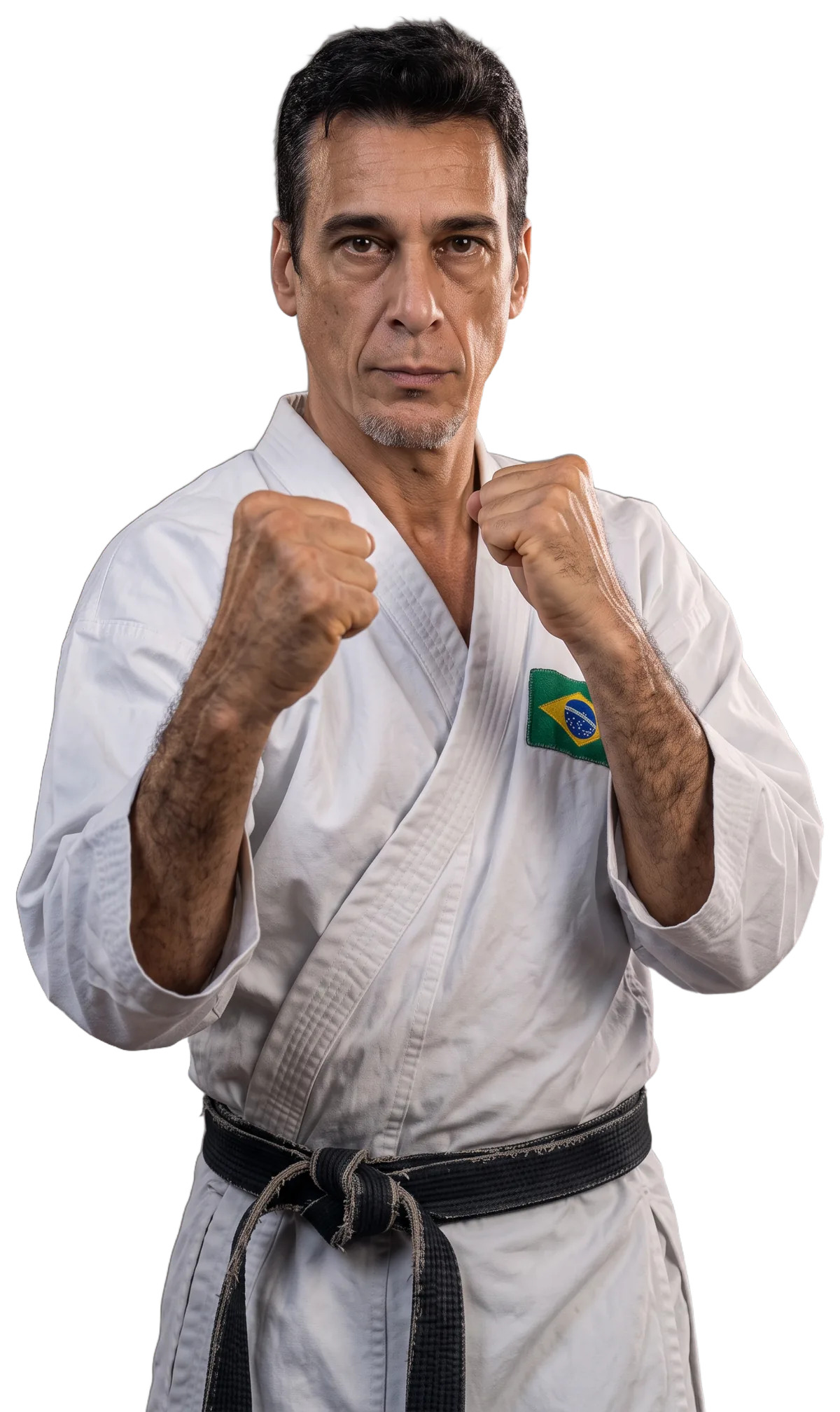 Jayme Sandall em guarda, de quimono e faixa preta