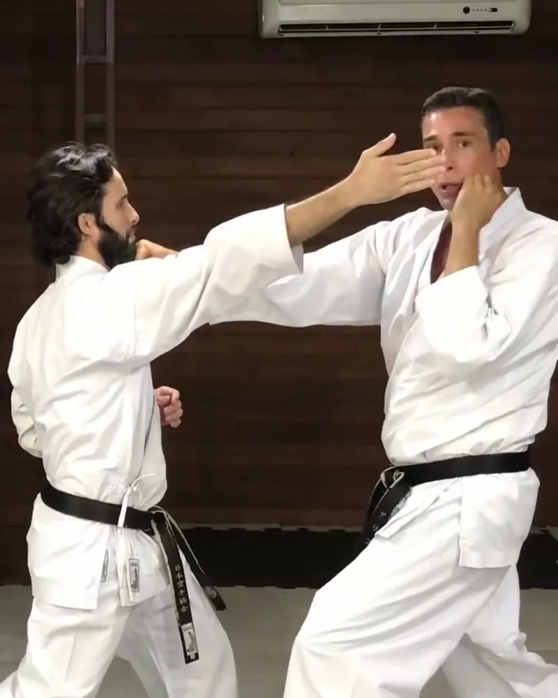 Jayme Sandall bloqueia o golpe no rosto com o antebraço, sem sair do lugar